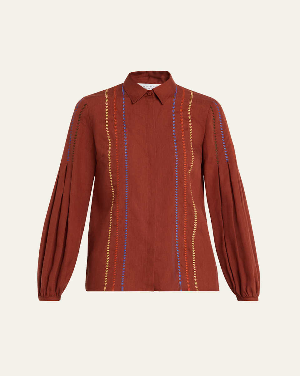Inga Pleated-Sleeve Embroidered Linen Blouse